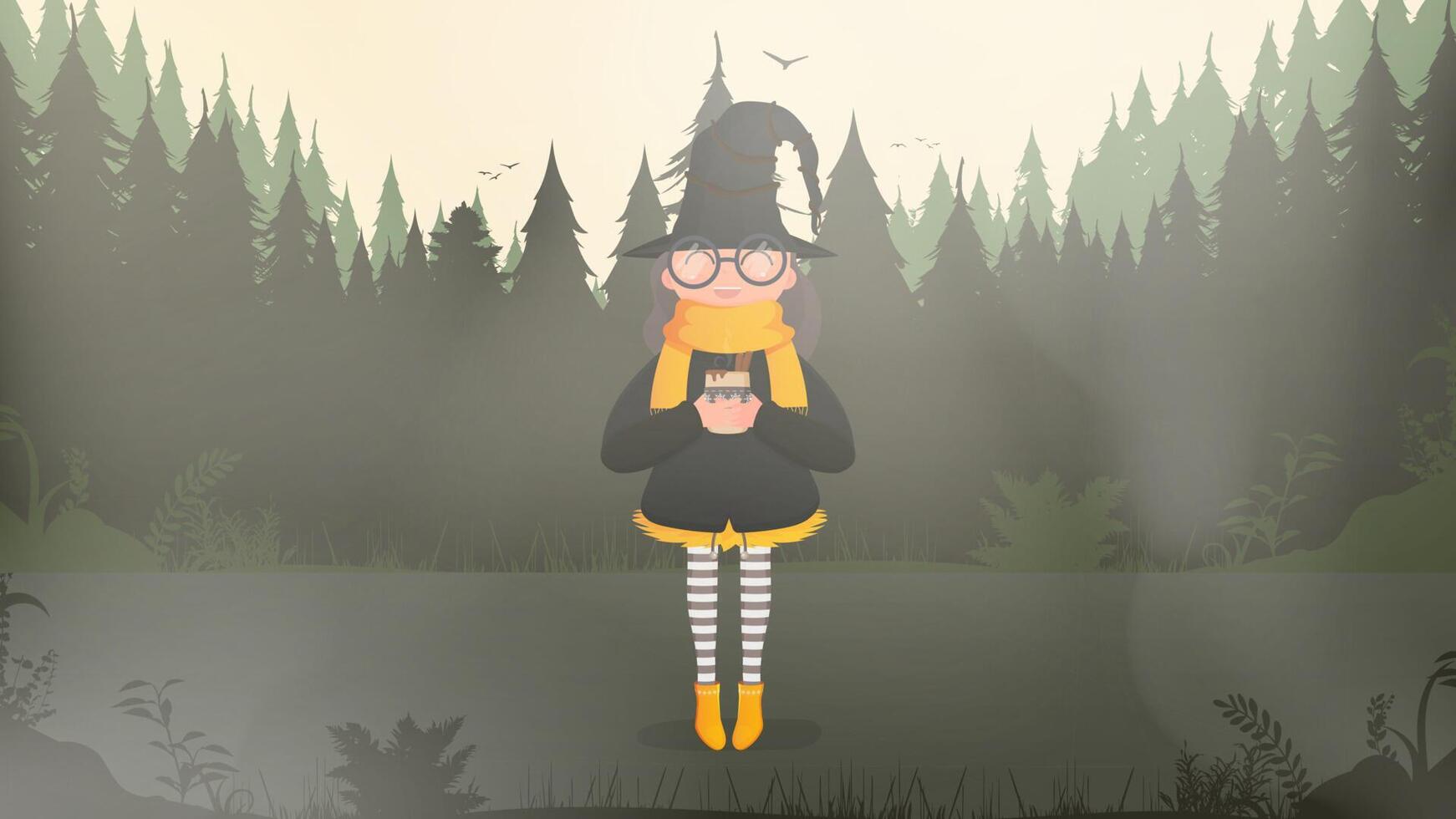 una linda bruja con vino caliente está parada en el bosque. chica en traje negro y sombrero sosteniendo una taza con bebida caliente. concepto de halloween. vector. vector