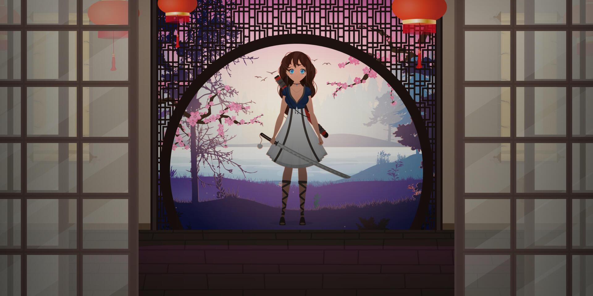 A girl with a katana in a white dress on a Japanese house viranda. Anime samurai woman. Cartoon style, vector illustration.