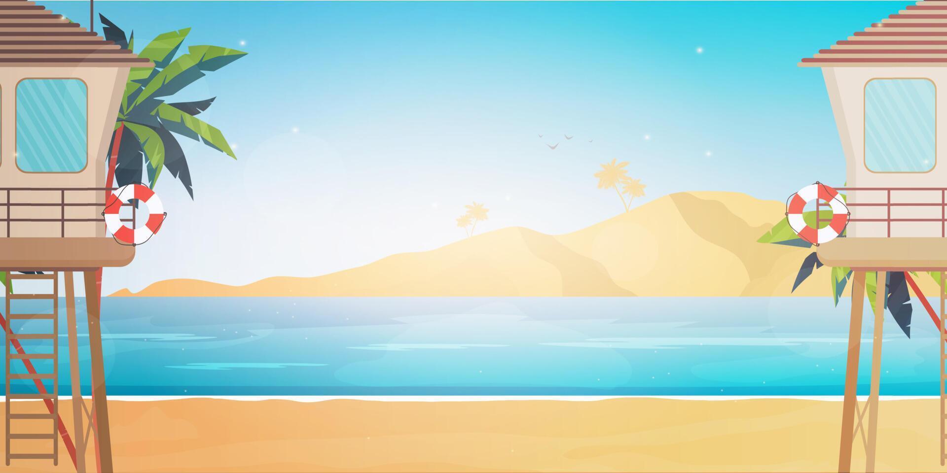 Beach rescue post. Beach, palm trees, lifebuoy. Cartoon style, vector illustration.