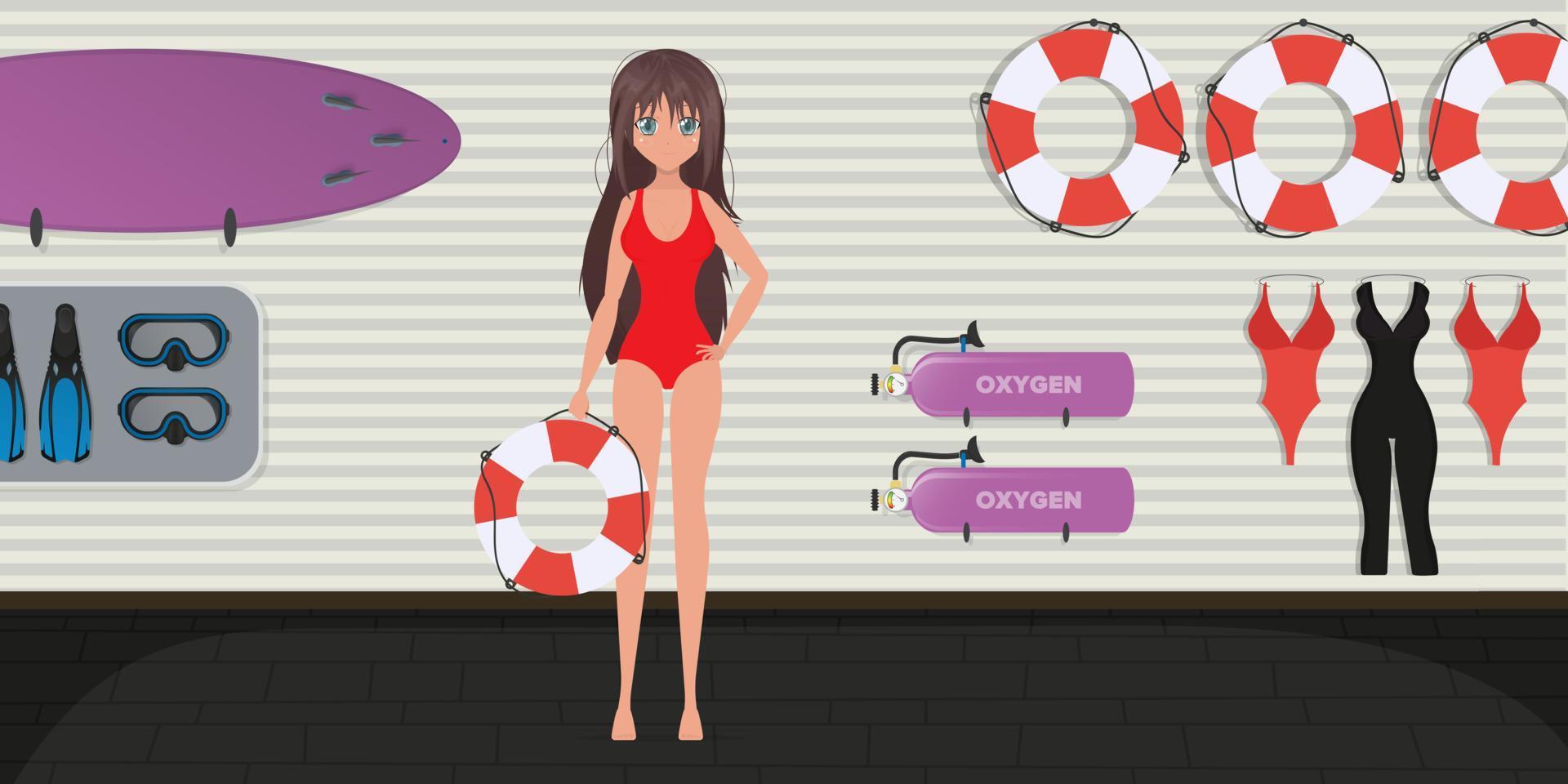 puesto de salvamento en la playa. una salvavidas con traje de baño rojo sostiene un aro salvavidas en sus manos. estilo de dibujos animados, ilustración vectorial. vector