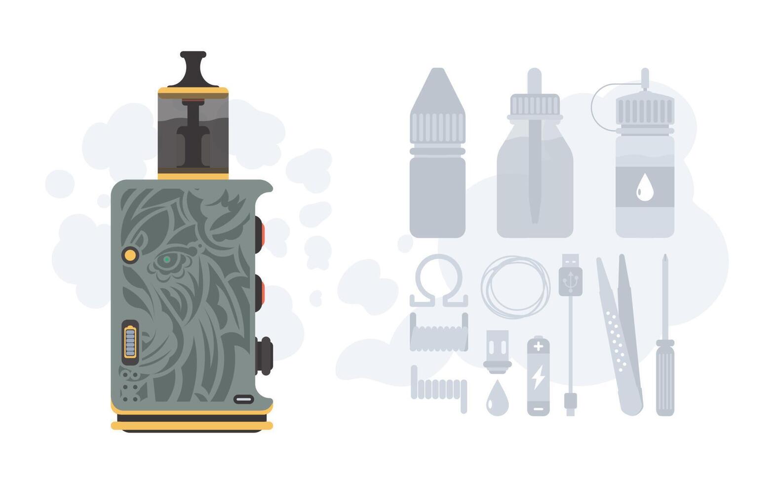 Vape or vapor illustration. Cigarette substitute. Smoking tool. Includes component icons. Vector illustration