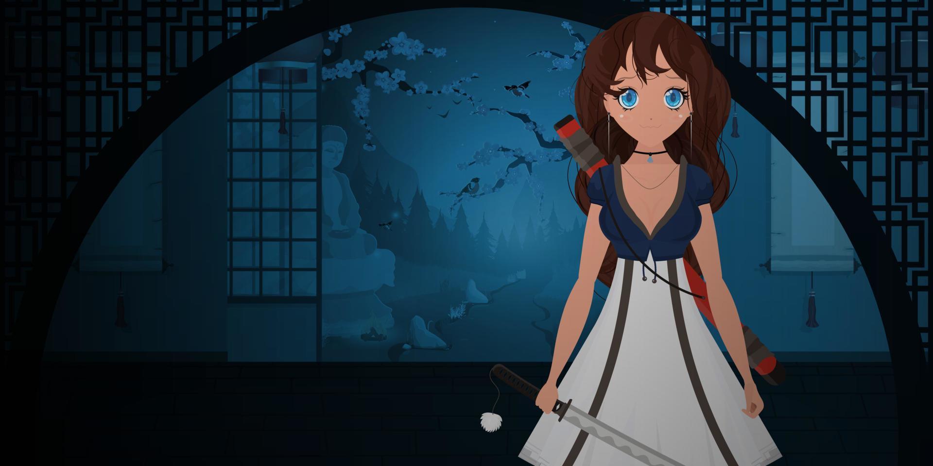 una chica con una katana con un vestido blanco en una casa japonesa viranda. noche en japón. anime mujer samurái. estilo de dibujos animados, ilustración vectorial. vector