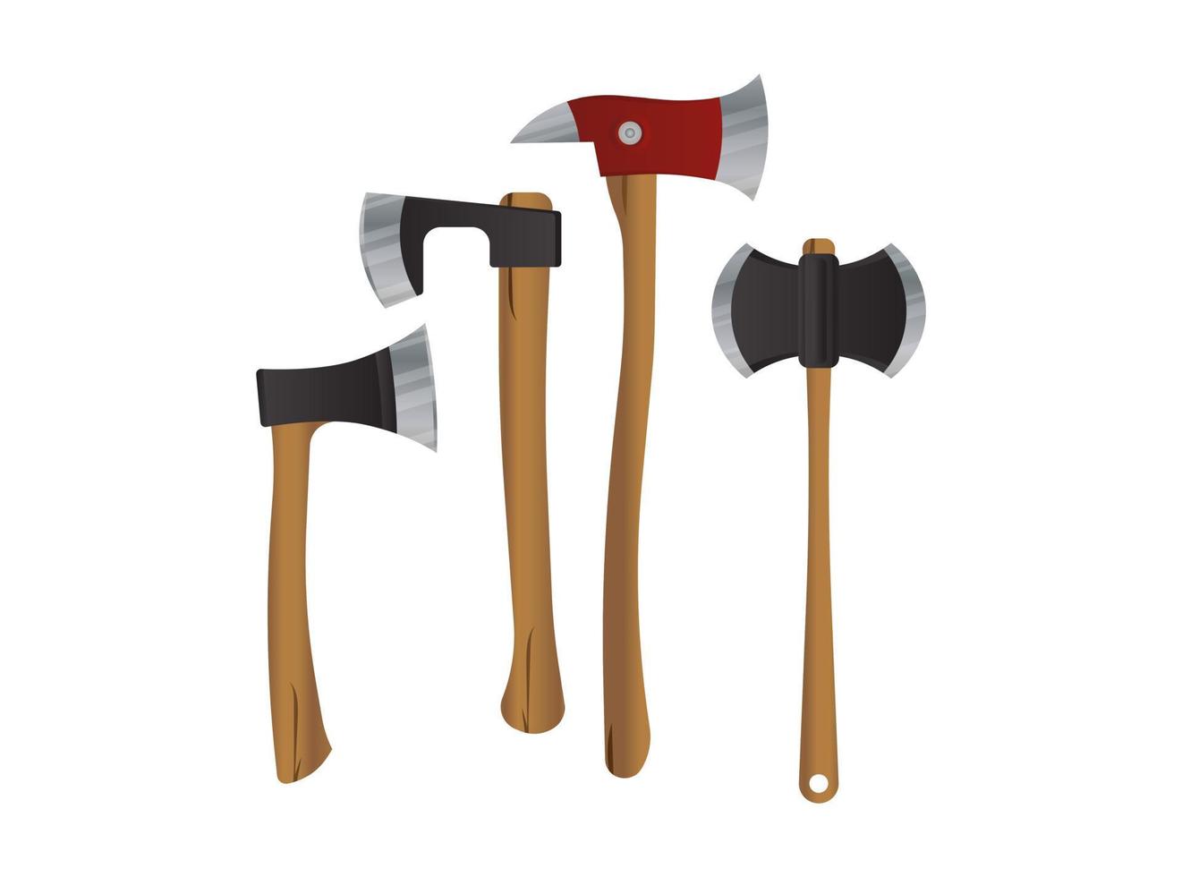 Different kinds of vector axes. Forester, fire, tourist ax and kitchen ax . Tools Collection. Realistic style.