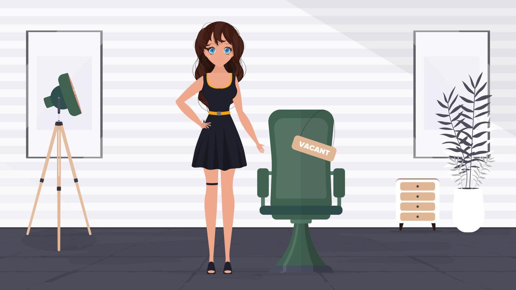 Girl shows on a vacant place. Cup in the shape of an office chair. The concept of open work. Vector. vector