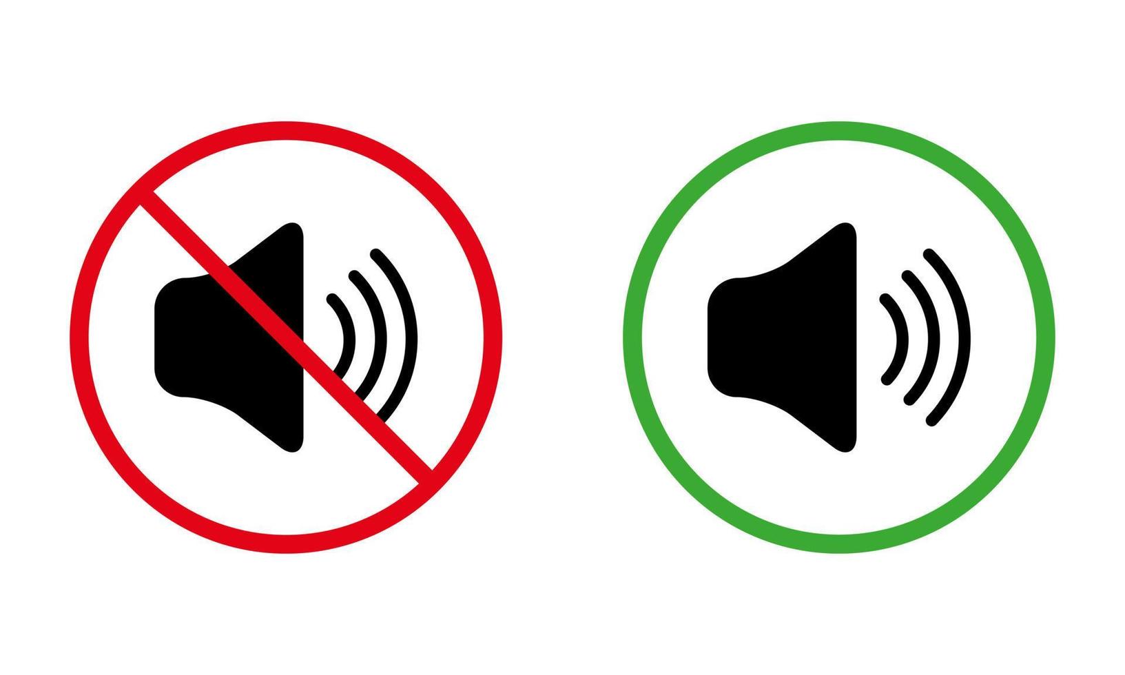 Sound Off Mute Mode Black Silhouette Icon Set. Ban Noise Notification Zone Red Forbidden Round Sign. Loud Sound Allowed Area Green Symbol. Warning Keep Silence. Isolated Vector Illustration.