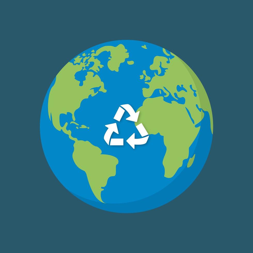 icono de dibujos animados del mundo verde. globo circular con símbolo de reciclaje de flecha triangular. signo del medio ambiente del planeta guardar el concepto de tierra verde. signo de reciclaje global ecológico. proteger la naturaleza. ilustración vectorial aislada. vector