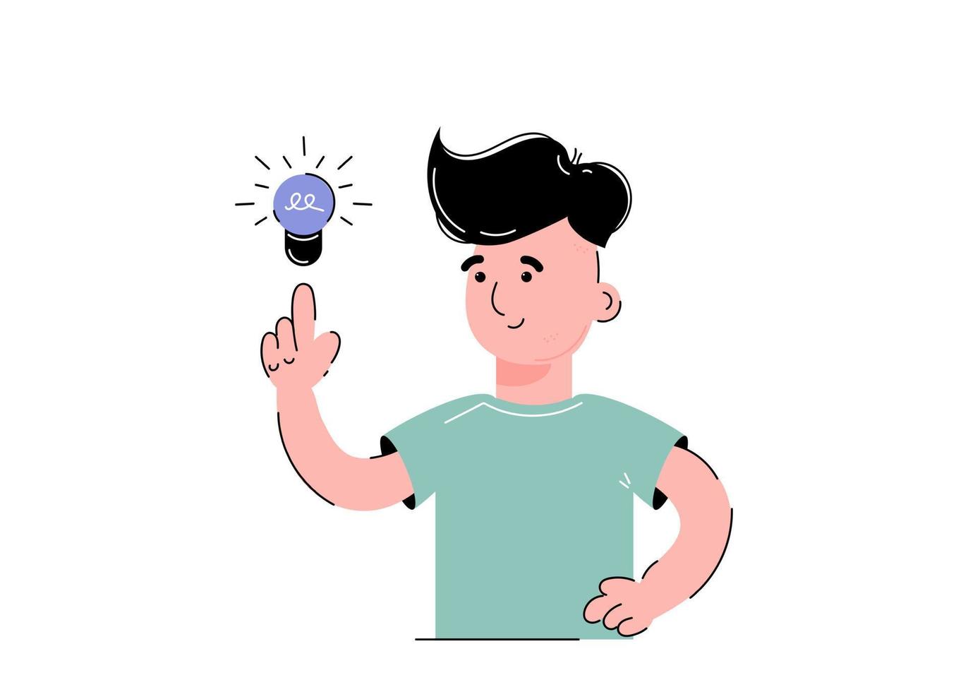 Guy and light bulb. The concept of the emergence of an idea. Isolated on white background. Trendy flat vector style.