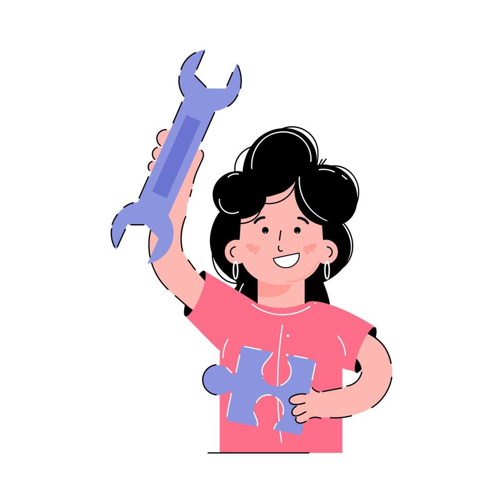 The girl holds a wrench and a puzzle in her hands. Support concept. Isolated on white background. Trendy flat vector style.