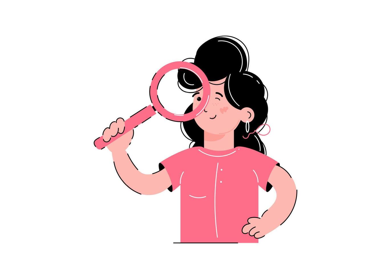 The girl is holding a magnifying glass. Search concept. Isolated on white background. Trendy flat vector style.