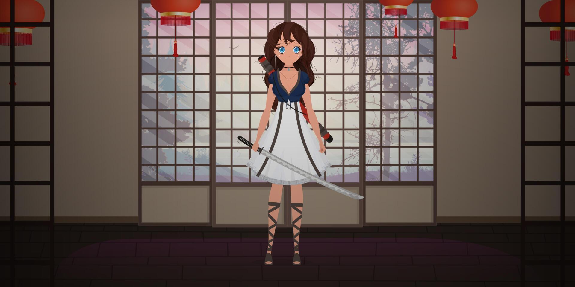 A girl with a katana in a white dress in the room of a Japanese house. Anime samurai woman. vector