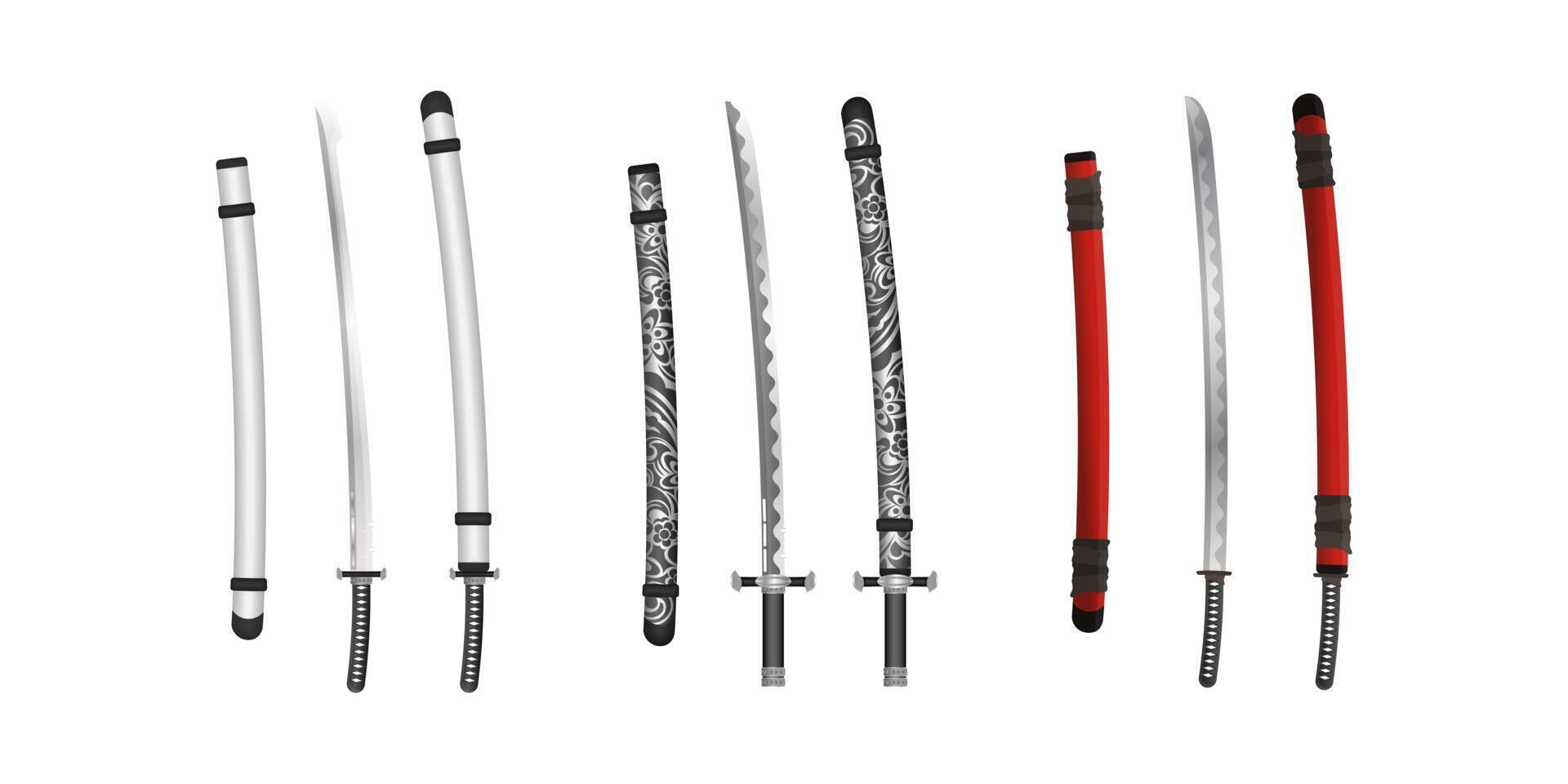 Set of katana samurai sword in realistic style. Japanese sword. Vector illustration.