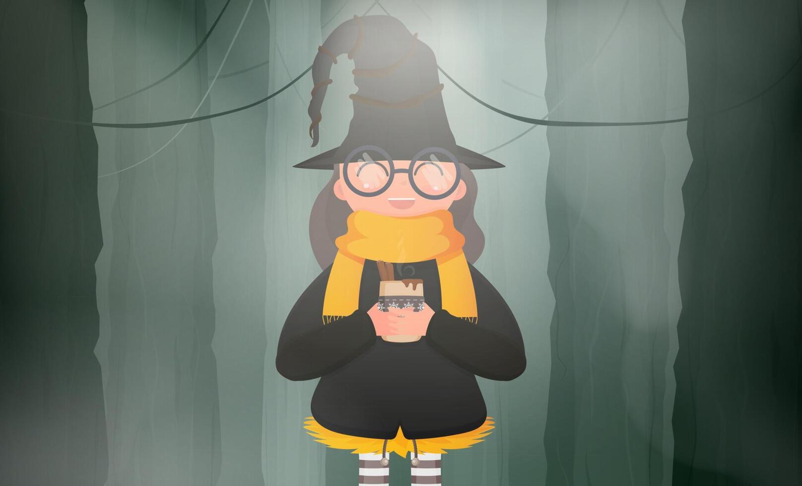 A cute witch with mulled wine is standing in the forest. Girl in black suit and hat holding a cup with hot drink. Halloween concept. . vector