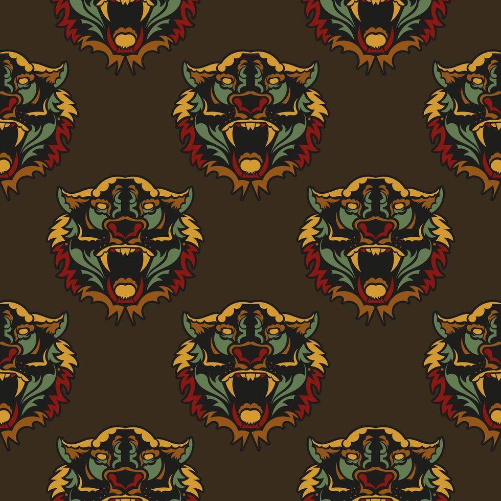 Seamless pattern with faces of tigers in the colors of the baroque style. Good for backgrounds, prints, apparel and textiles. Vector illustration.