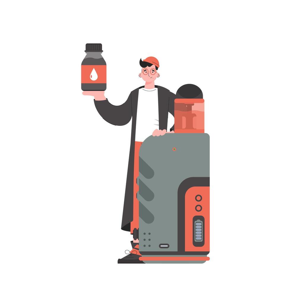 A man holds an electronic cigarette in his hands. Flat style. The concept of vapor and vape. Isolated. Vector