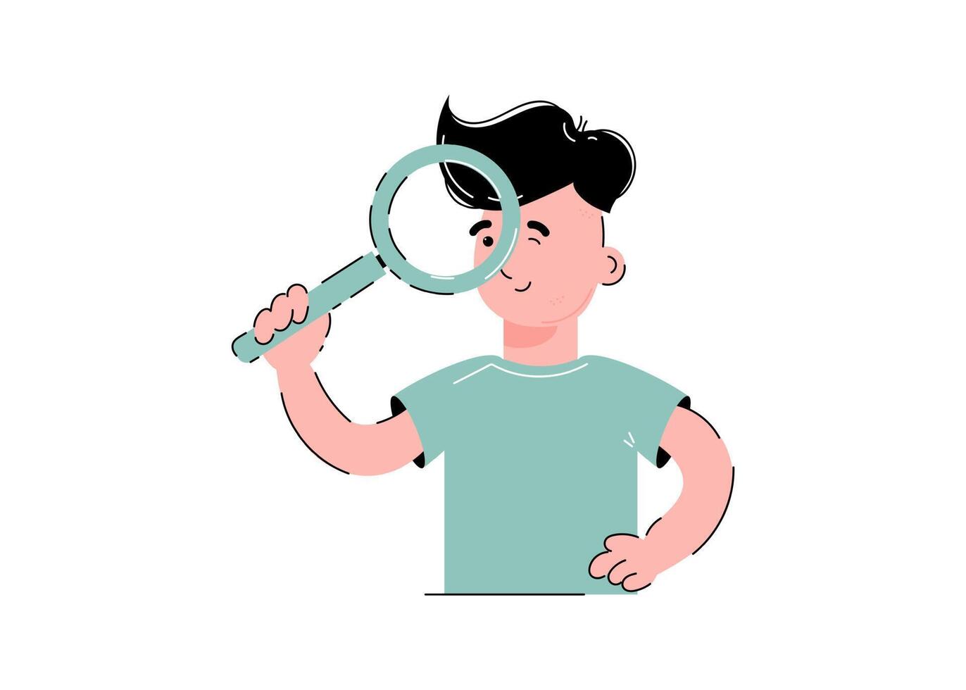 The guy is holding a magnifying glass. Search concept. Isolated on white background. Trendy flat style. vector
