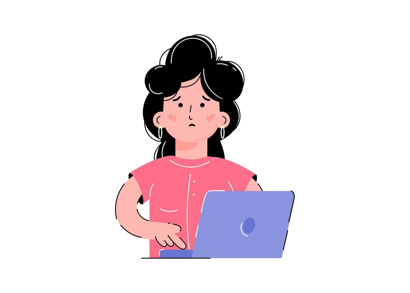 Confused girl with a laptop. Isolated on white background. Trendy flat vector style.