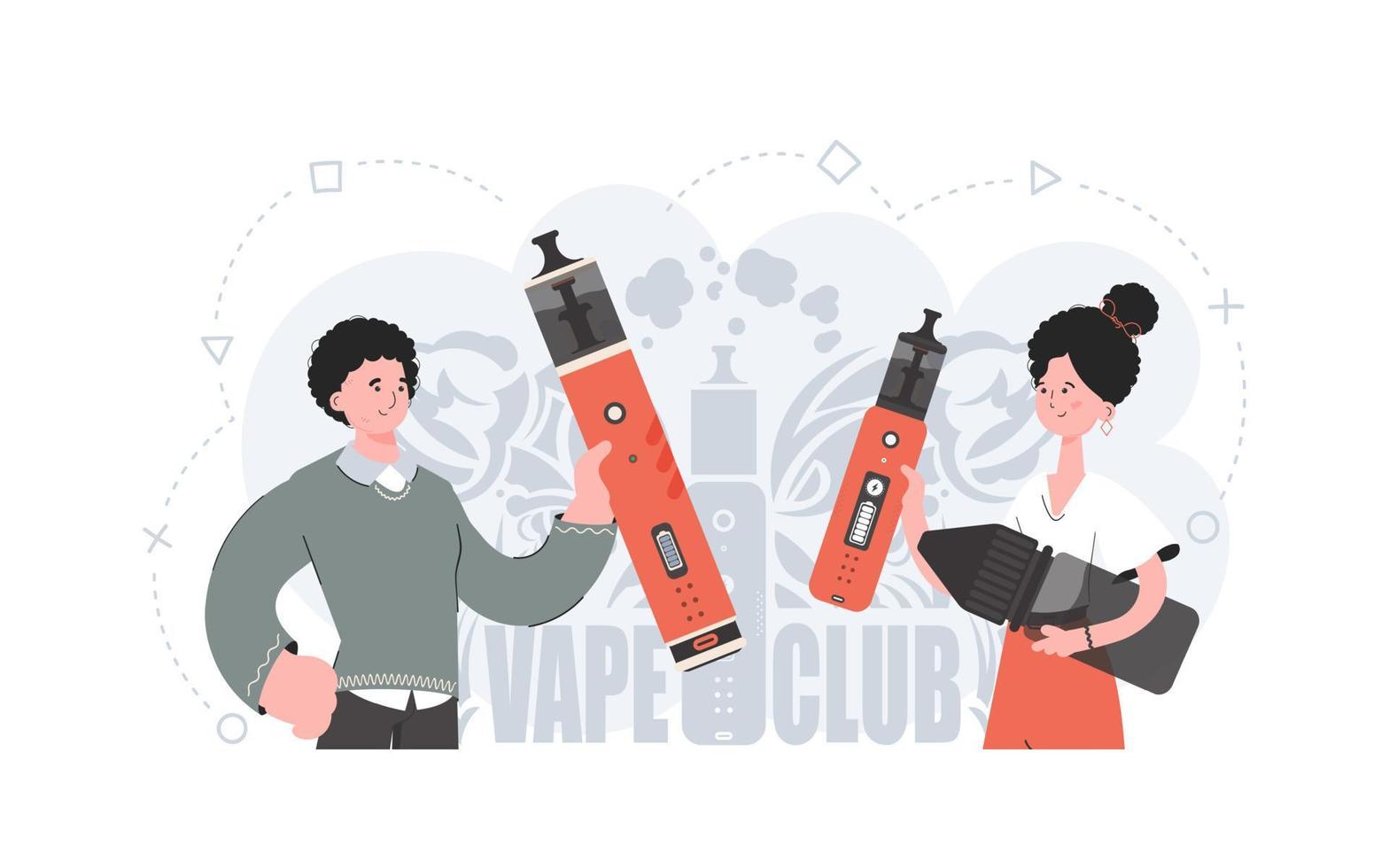 A girl and a guy are holding a vaping system in their hands. Flat style. The concept of vapor and vape. Vector illustration.