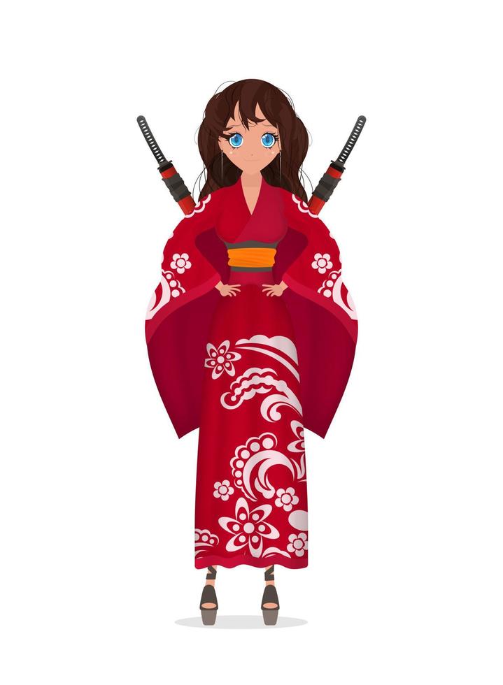 Women in a long red silk kimono, summer kimono, silk home clothes, bridesmaid wedding robes, natural robe. Isolated. Vector. vector