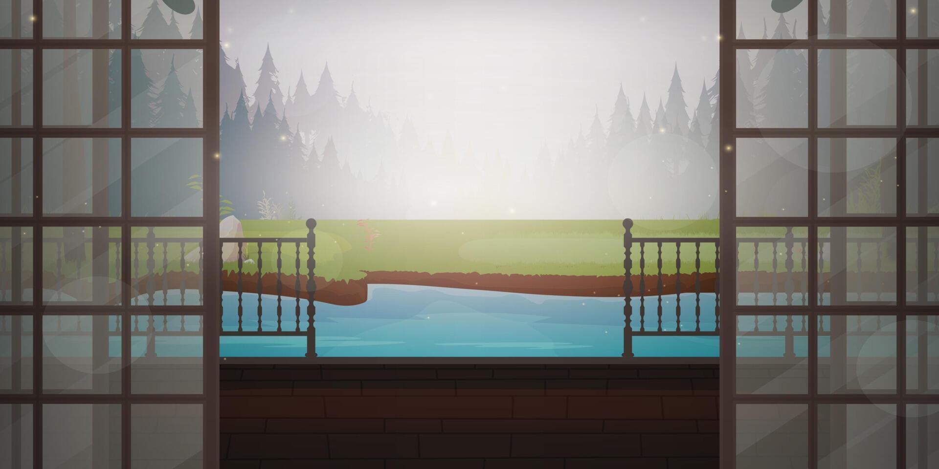 Landscape of a forest with a river in the morning near the house. View of the forest from the veranda of the villa. Cartoon style. illustration vector