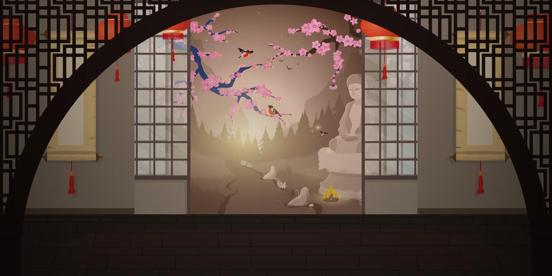 A room with a traditional Japanese sliding door. Cartoon style. Vector illustration