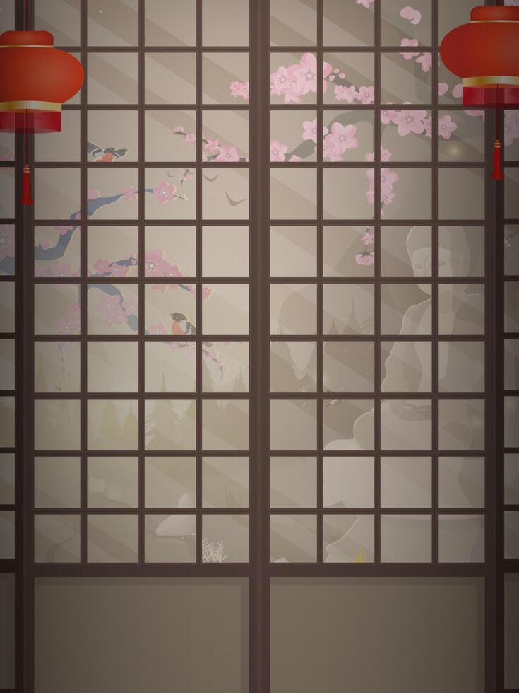 Ryokan An empty Zen room in a very Japanese style. Cartoon style. Horizontal banner. vector