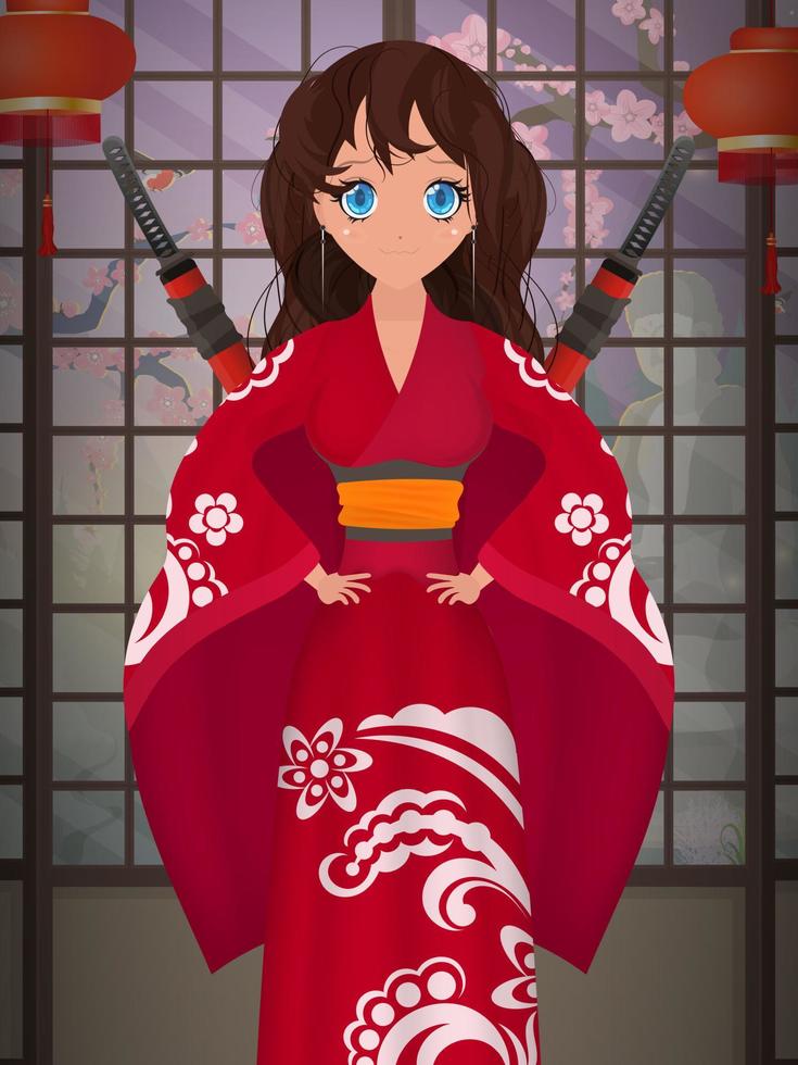 Women in a long red silk kimono and a katana on their backs. Cartoon style. Vector illustration.