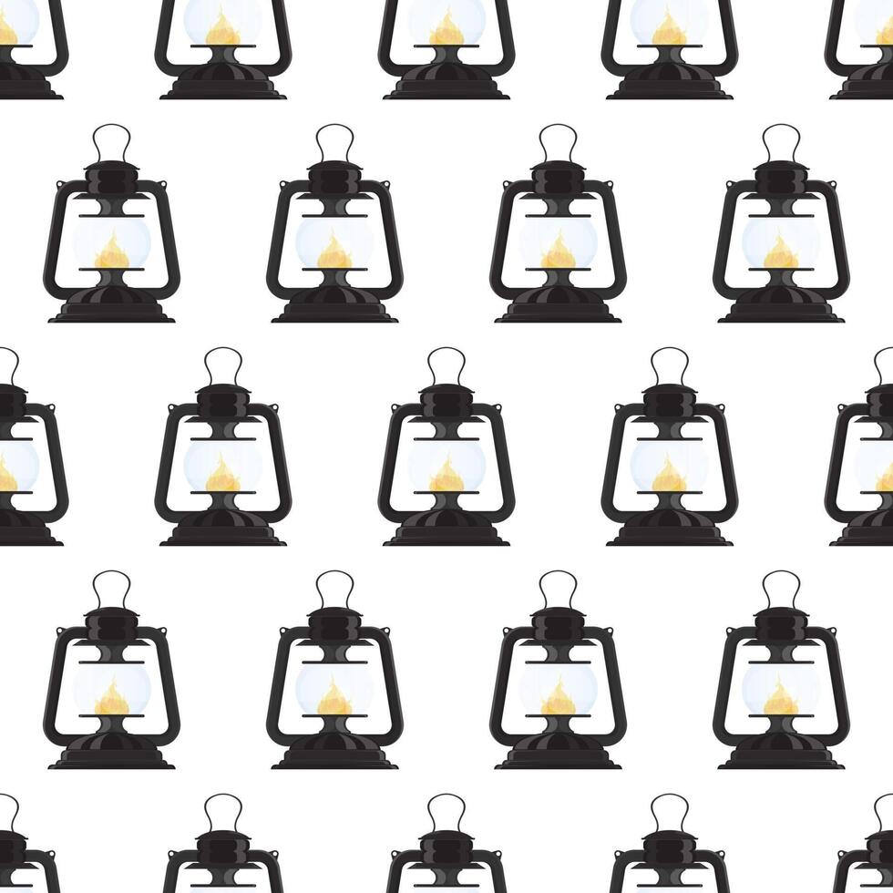 Vintage lanterns pattern in monochrome. Different oil lamps and retro lanterns seamless background in outline style. vector