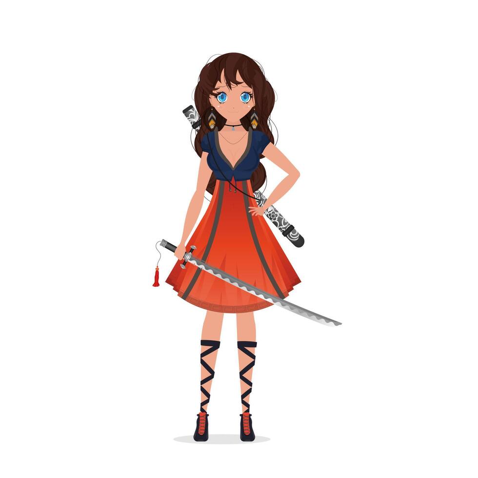 Girl with a katana in a blue and red dress. Anime samurai woman. Isolated. Cartoon style, vector illustration.