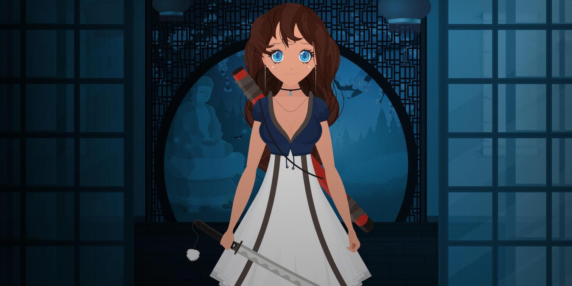 A girl with a katana in a white dress on a Japanese house viranda. Night in japan. Anime samurai woman. Cartoon style, vector illustration.