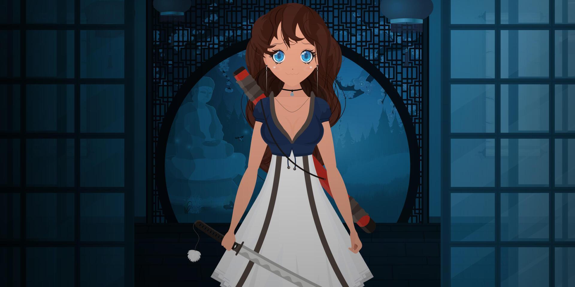 una chica con una katana con un vestido blanco en una casa japonesa viranda. noche en japón. anime mujer samurái. estilo de dibujos animados, ilustración vectorial. vector