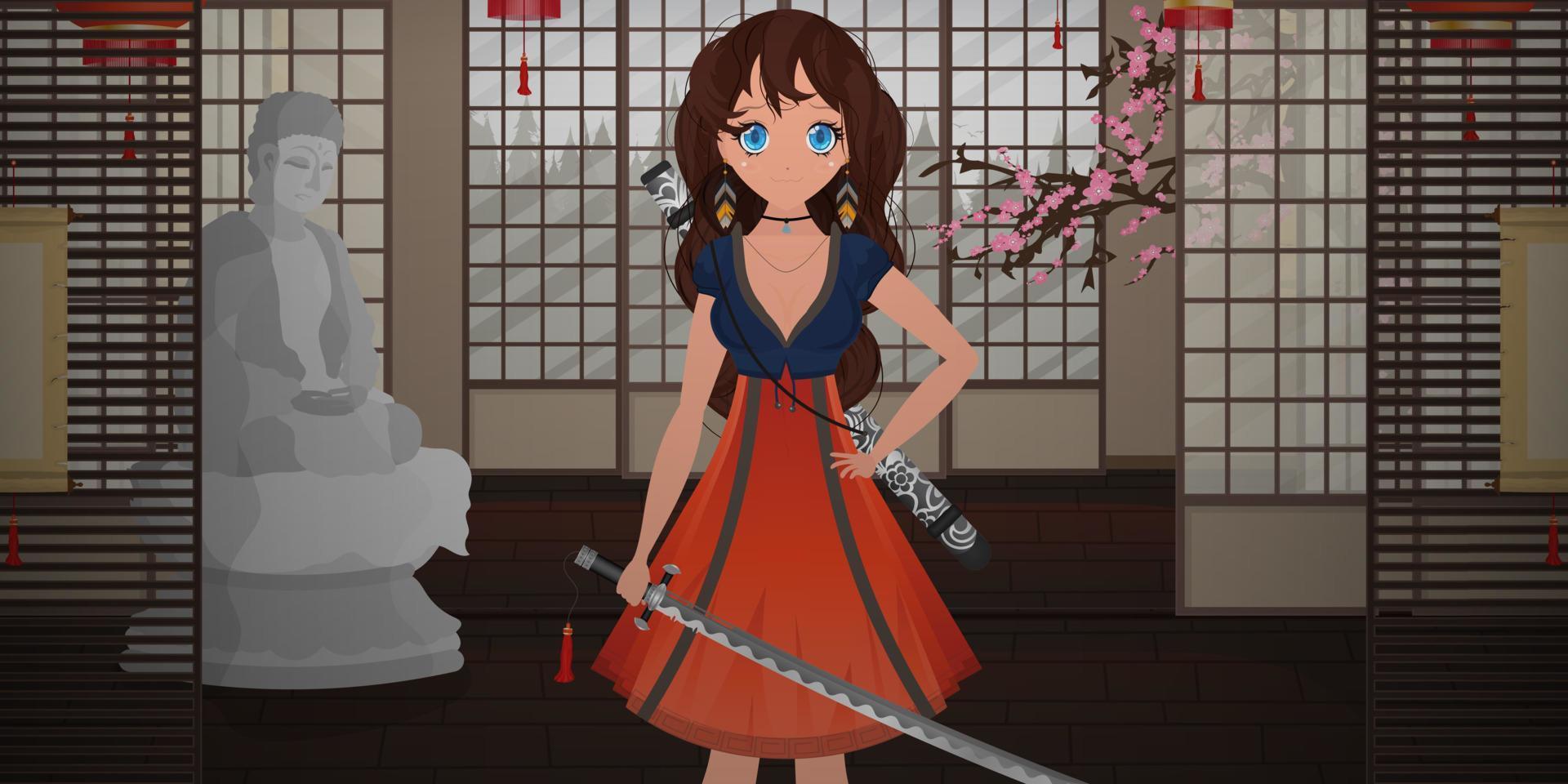 una chica con una katana vestida de azul y rojo se encuentra en una habitación japonesa. anime mujer samurái. estilo de dibujos animados vector