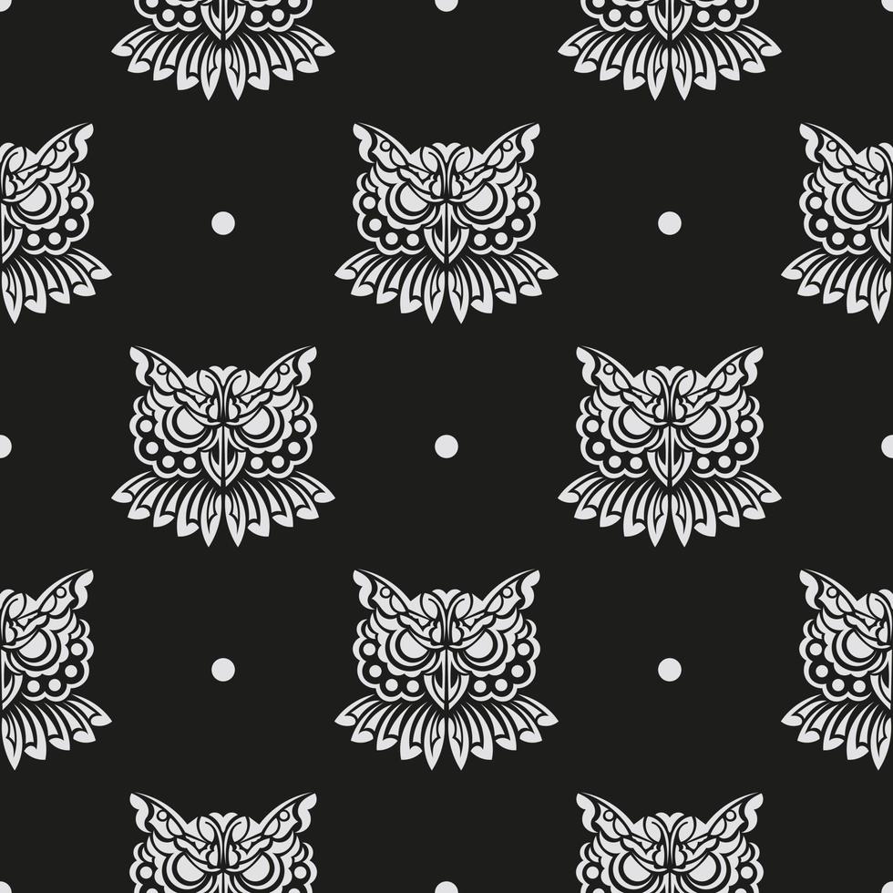 Black-white Seamless pattern owl face in boho style. Good for clothing and textiles. Vector