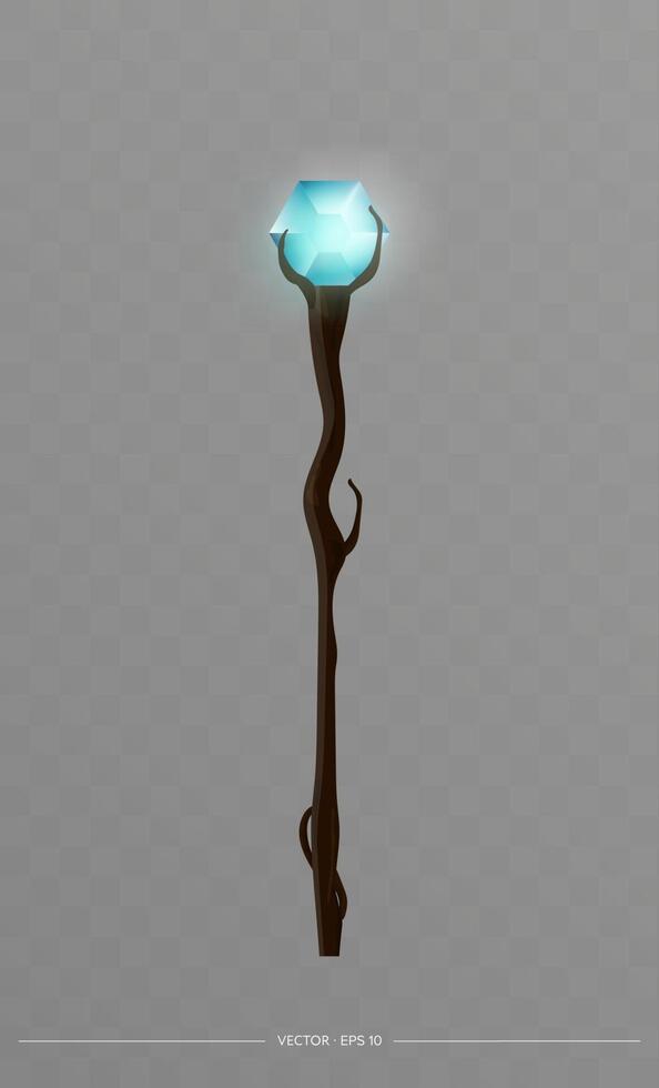 Magic staff or walking stick with crystal in cartoon style. Vector illustration