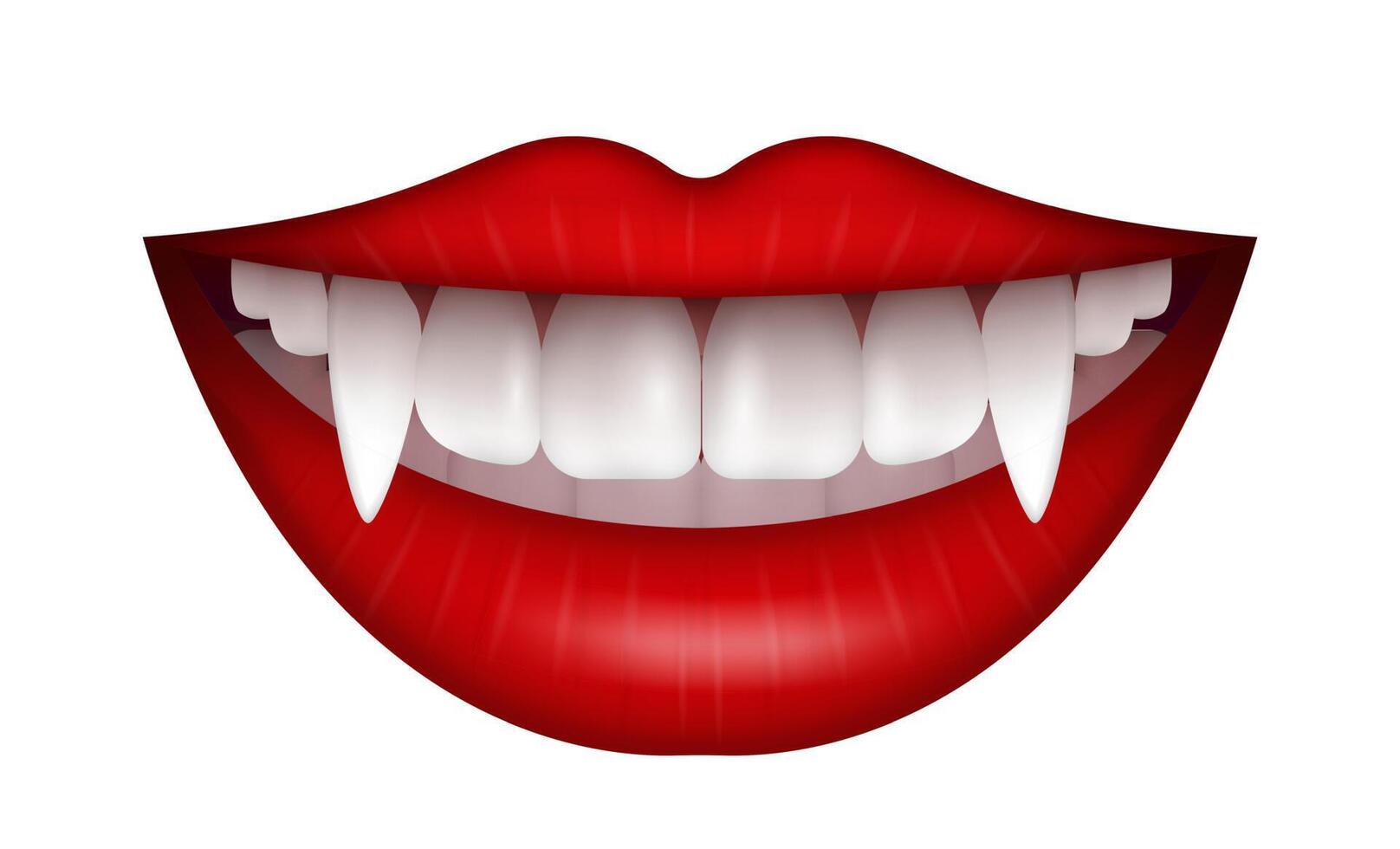 ilustración vectorial con boca de vampiro abierta, labios sexys rojos y dientes largos aislados en un fondo blanco. vector