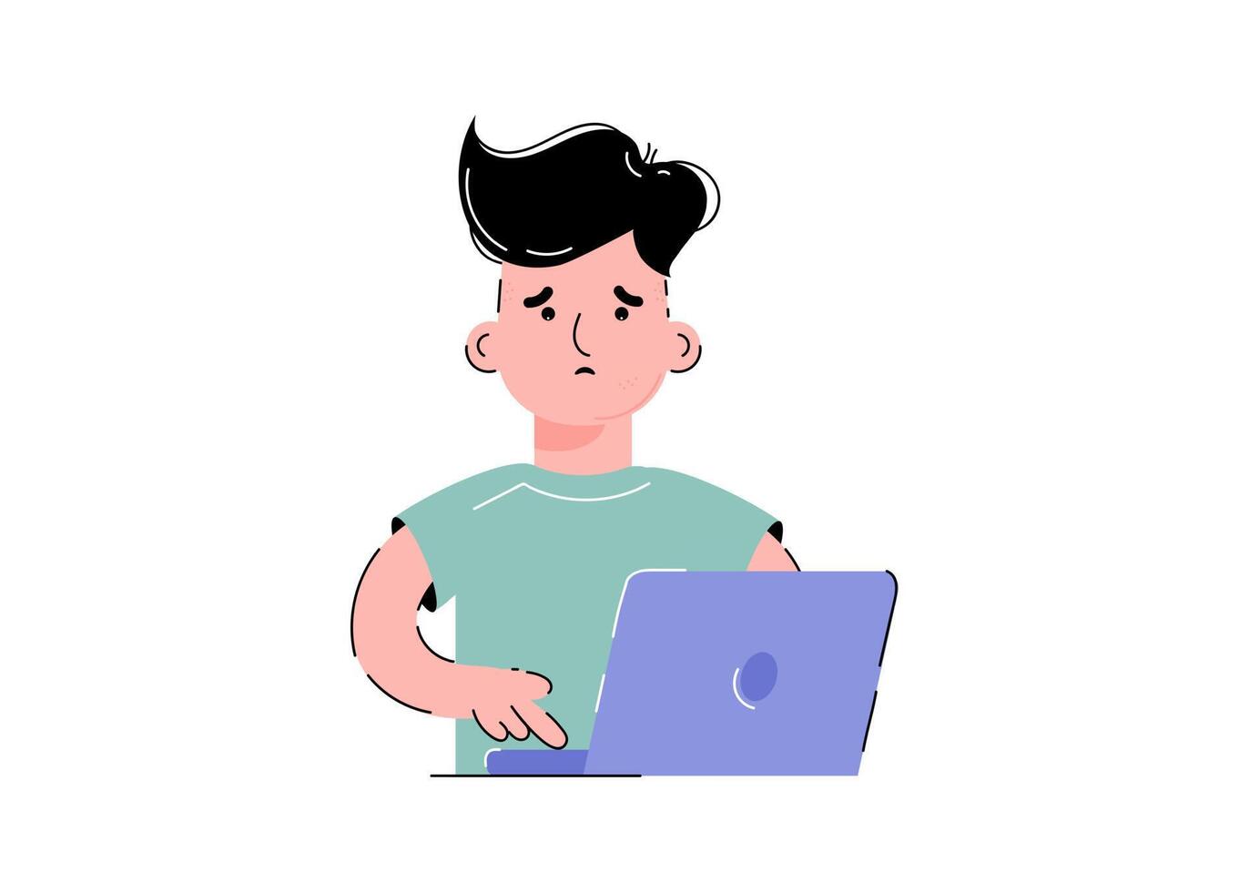 Confused guy with a laptop. Isolated on white background. Trendy flat vector style.