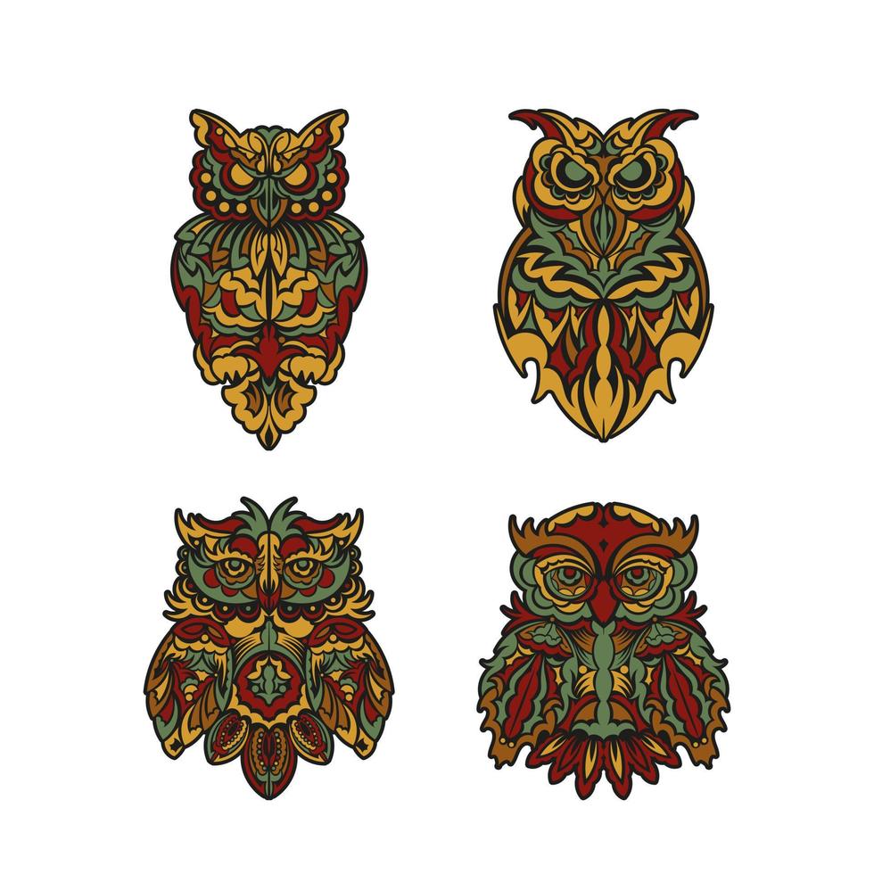 Set of Owl ornament in baroque color style. Good for menus, prints and postcards. Vector illustration