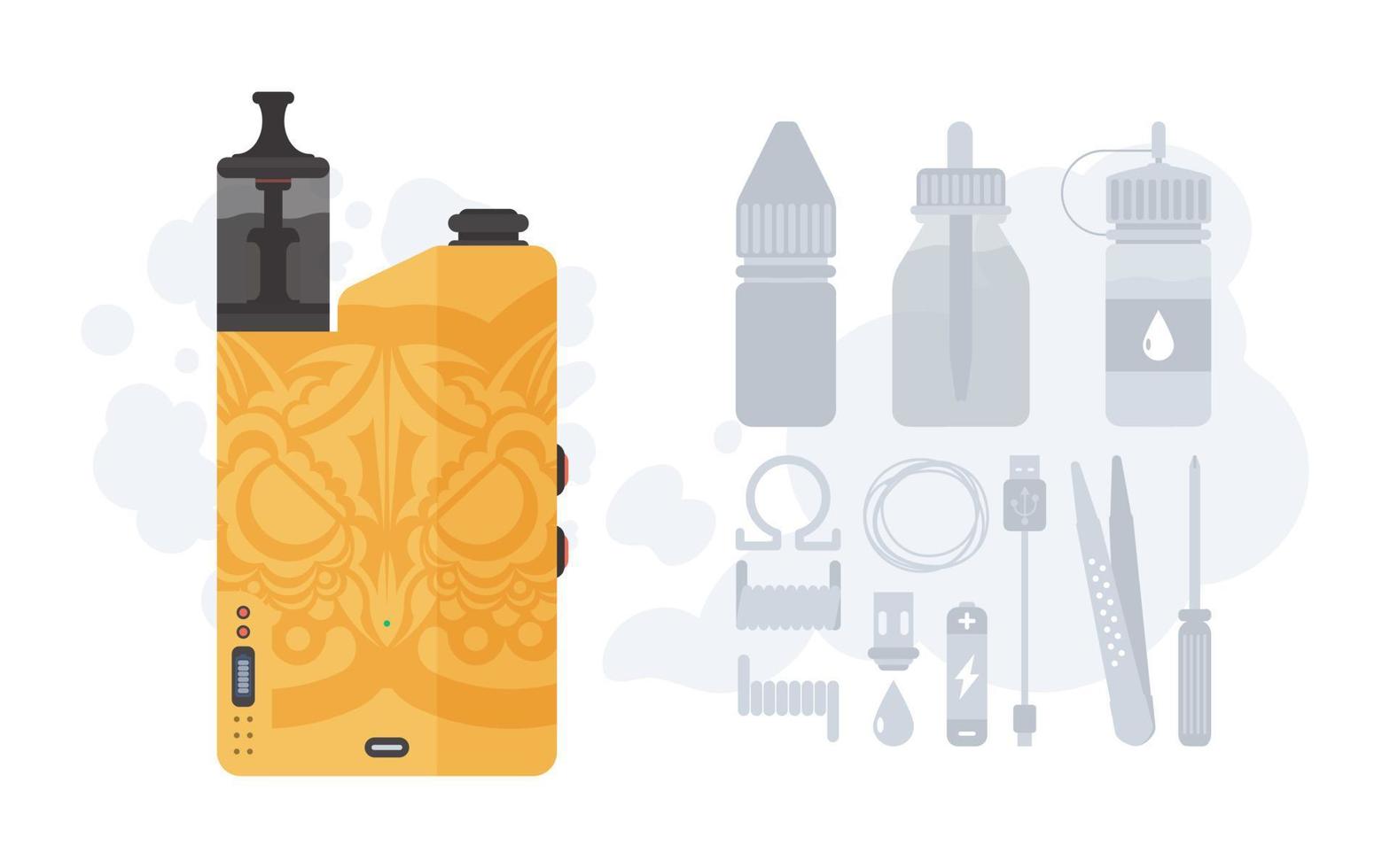 Vape or vapor illustration. Cigarette substitute. Smoking tool. Includes component icons. Flat style design vector