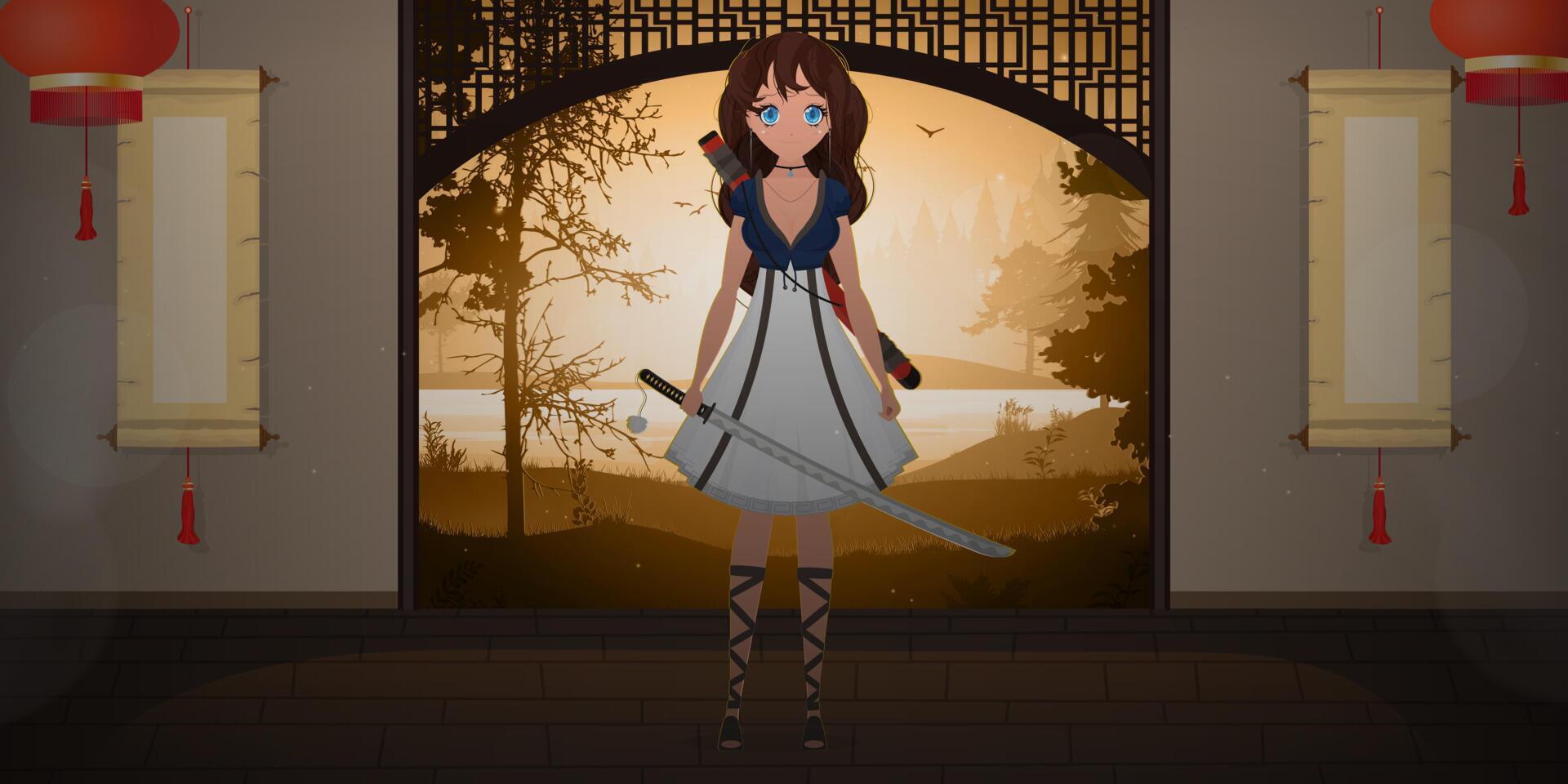 una chica con una katana vestida de azul y blanco se encuentra en una habitación japonesa. anime mujer samurái. estilo de dibujos animados, ilustración vectorial. vector