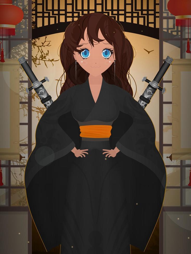 Women in a long black silk kimono and a katana on their backs. Cartoon style. Vector illustration.