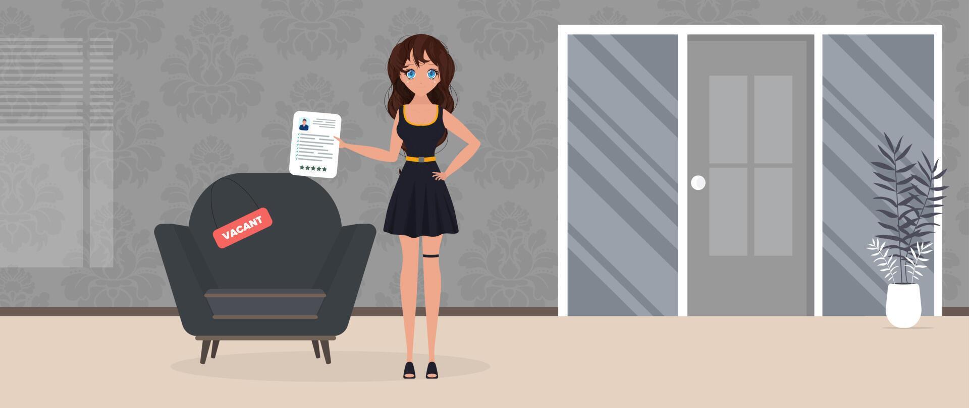 A woman holding a document and standing in front of a chair vector