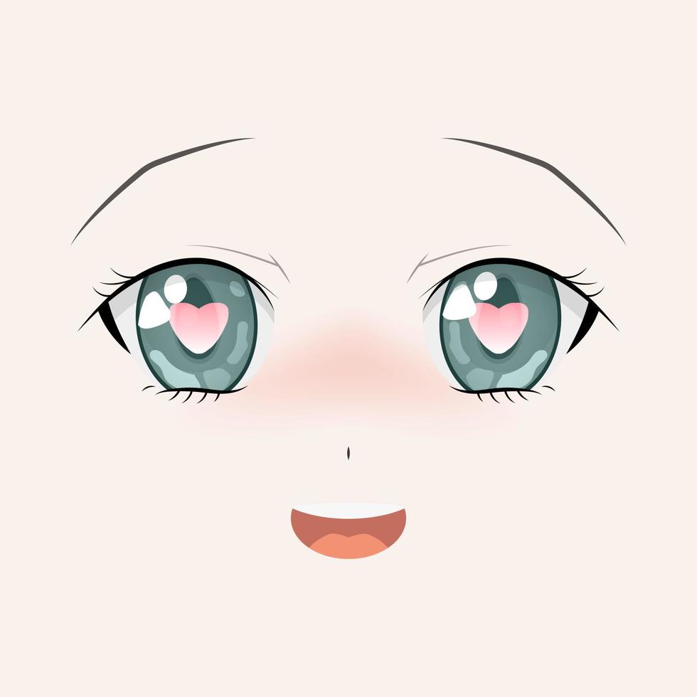 cara feliz de anime. estilo manga grandes ojos verdes, nariz pequeña y boca  kawaii. ilustración vectorial dibujada a mano. aislado en blanco 8127300  Vector en Vecteezy