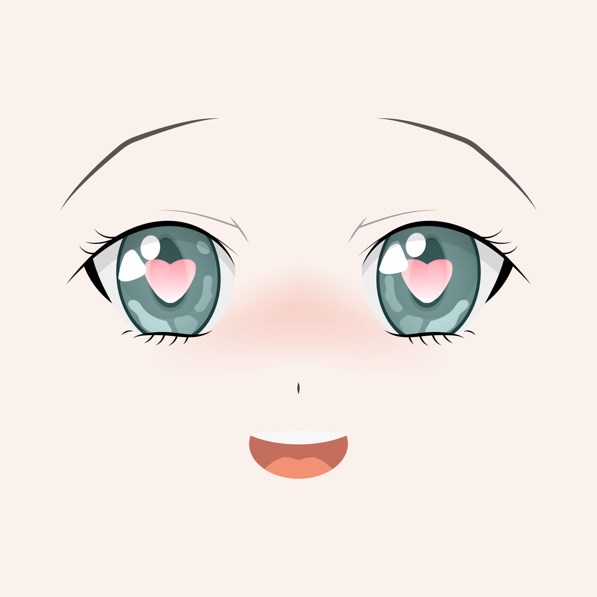 Happy anime face. Manga style big green eyes, little nose and kawaii mouth.  Hand drawn vector illustration. Isolated on white. 8127300 Vector Art at  Vecteezy