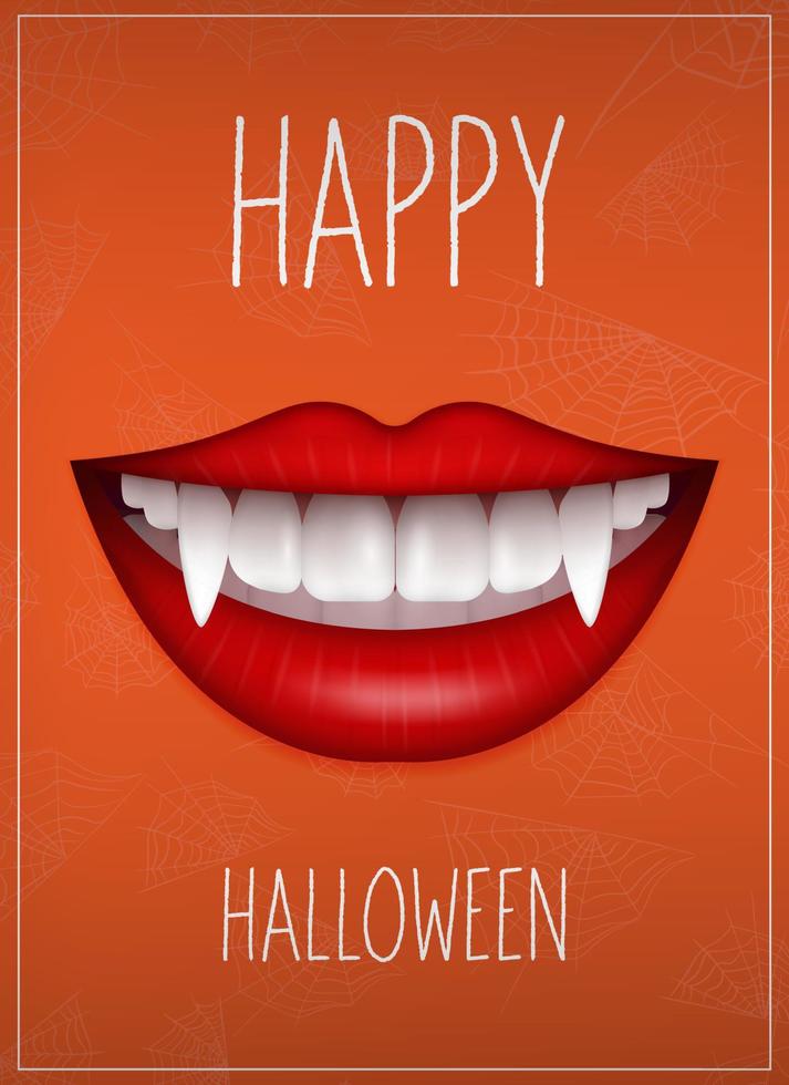 labios femeninos con colmillos de vampiro y la inscripción feliz halloween en un fondo naranja, ilustración vectorial. vector