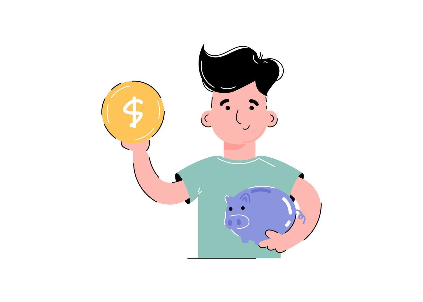 The guy holds a coin and a piggy bank in his hands. The concept of saving money. Isolated on white background. Trendy flat vector style.