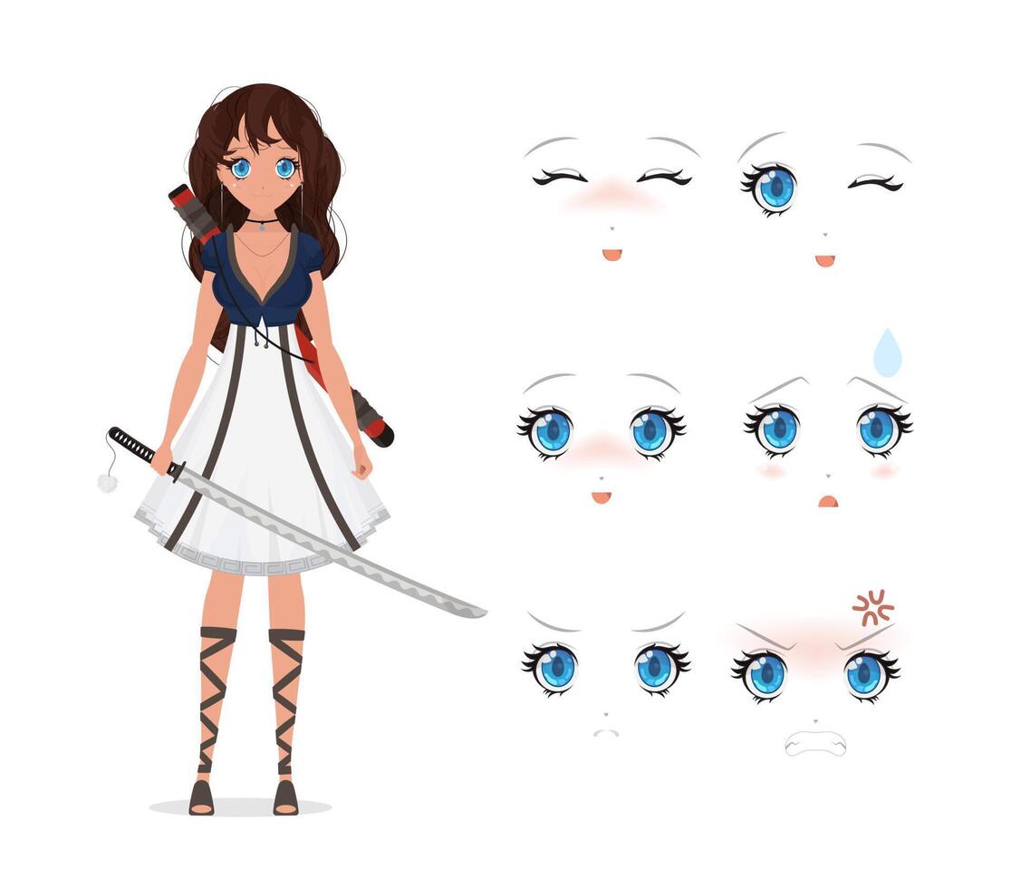 Girl with a katana in a white dress. Anime samurai woman. Emotion constructor. Isolated, cartoon style, vector illustration.