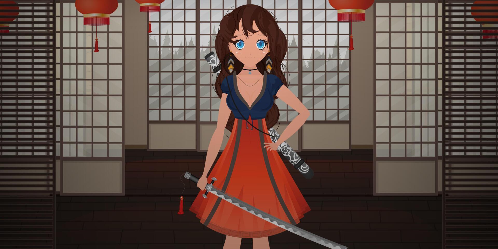 una chica con una katana vestida de azul y rojo se encuentra en una habitación japonesa. anime mujer samurái. estilo de dibujos animados, ilustración vectorial. vector