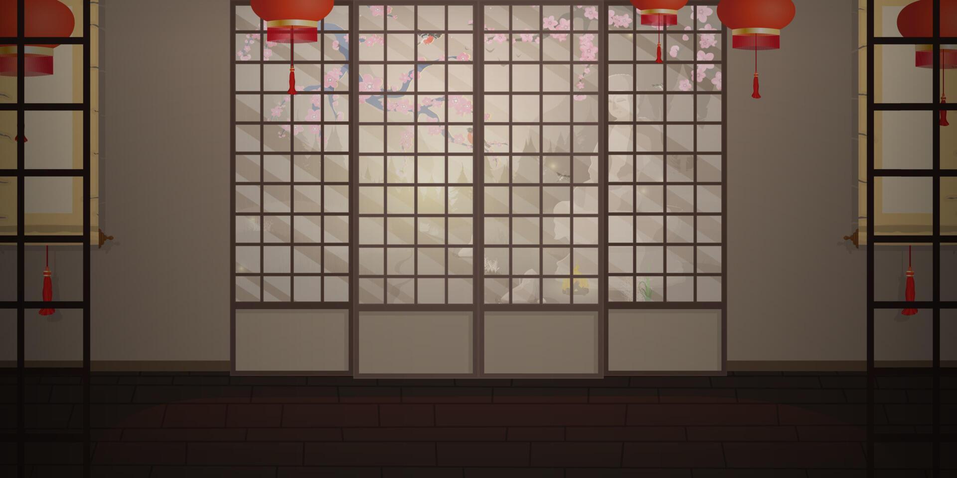 A room with a traditional Japanese sliding door. Cartoon style. vector