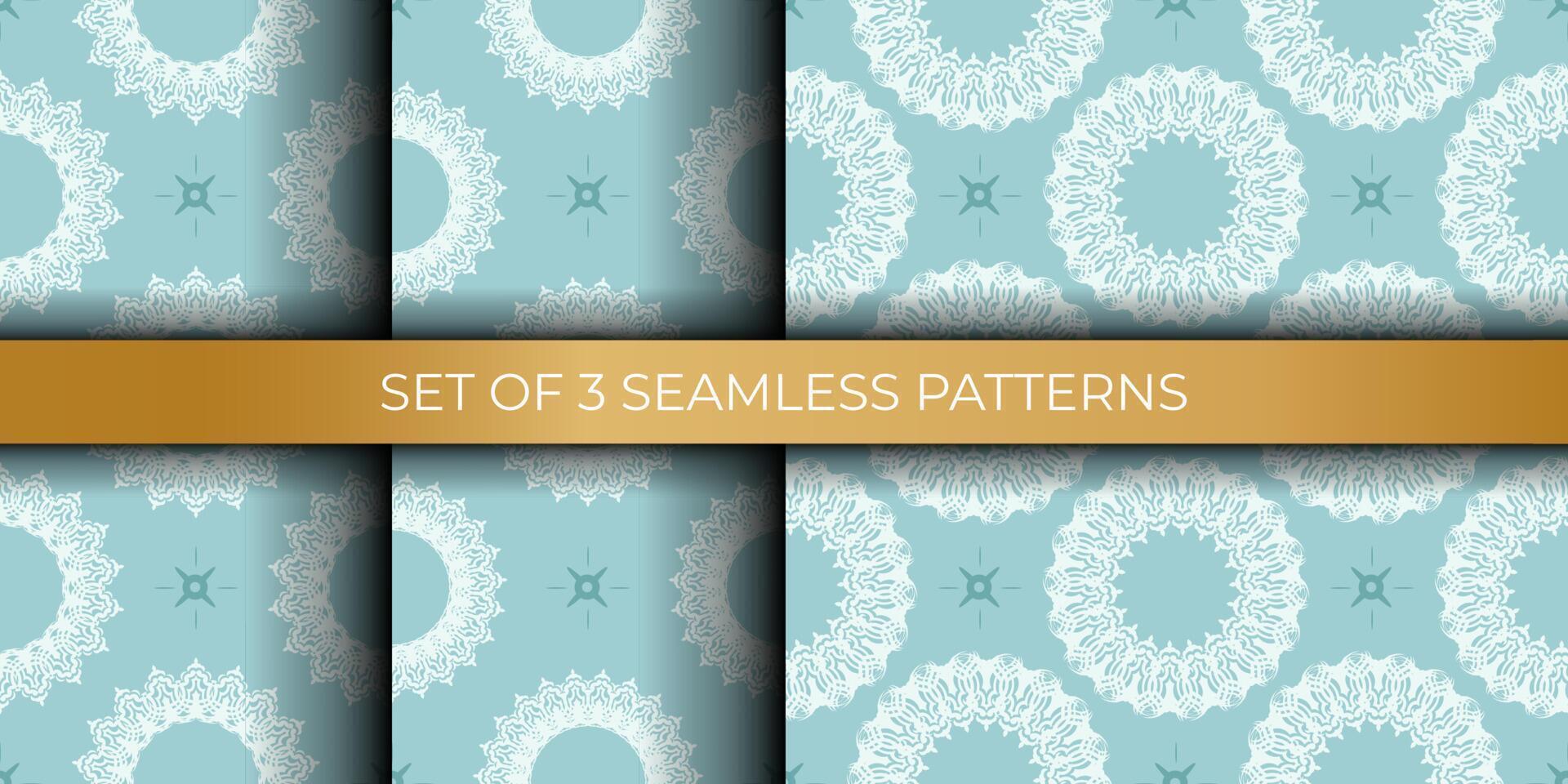 Set of oriental seamless vector backgrounds in baby blue color. Wallpaper in a baroque style pattern. Ornament for wallpaper, fabric, packaging and paper. Vector illustration.