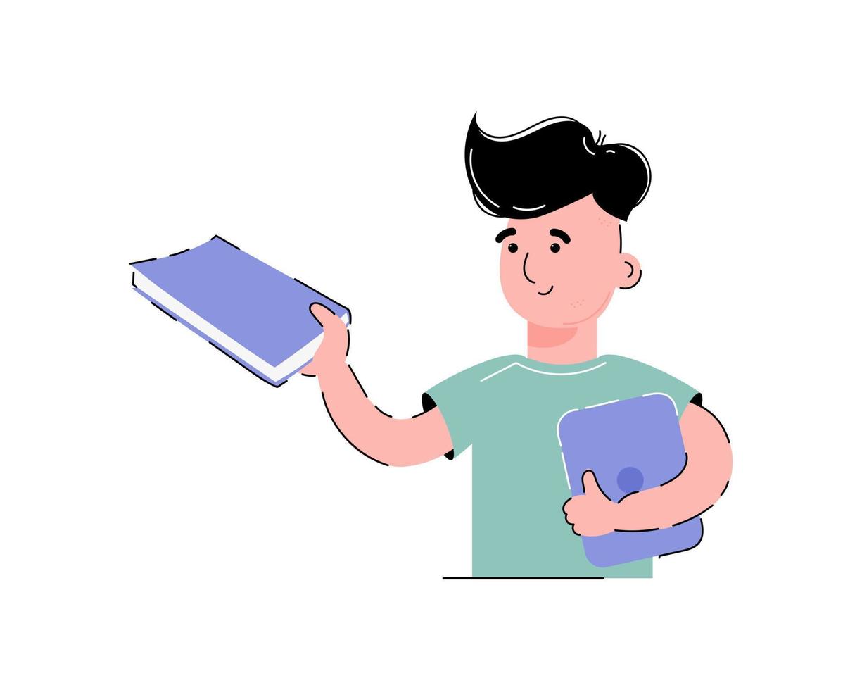 The guy holds a book and a laptop in his hands. Concept of learning. Isolated on white background. Trendy flat vector style.