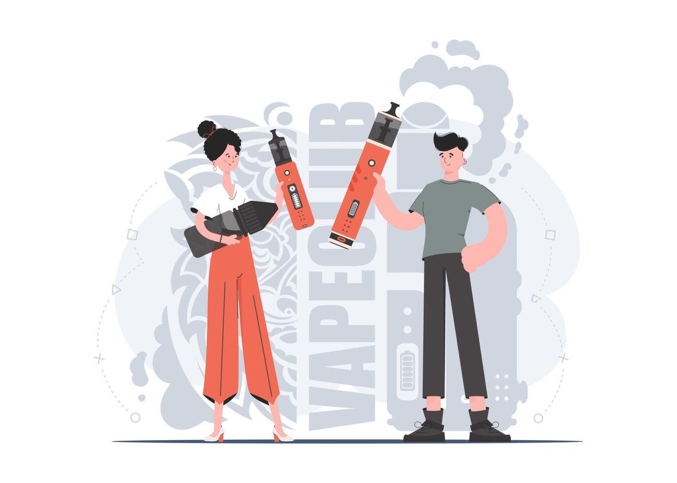A girl and a guy are holding a vaping system in their hands. Trendy style with soft neutral colors. The concept of vapor and vape. Vector illustration.